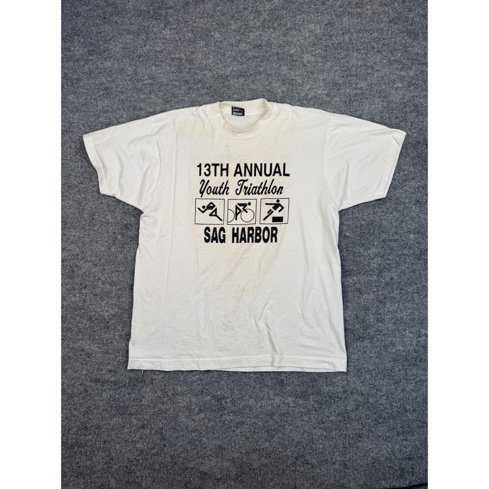 Vintage Fruit of the Loom Sag Harbor Youth Triathlon T-Shirt White Large 90s